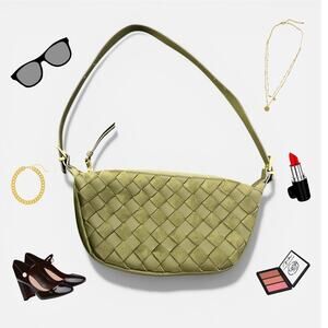 Y2K Woven Olive Green Baguette Shoulder Bag Suede Leather Intrecciato